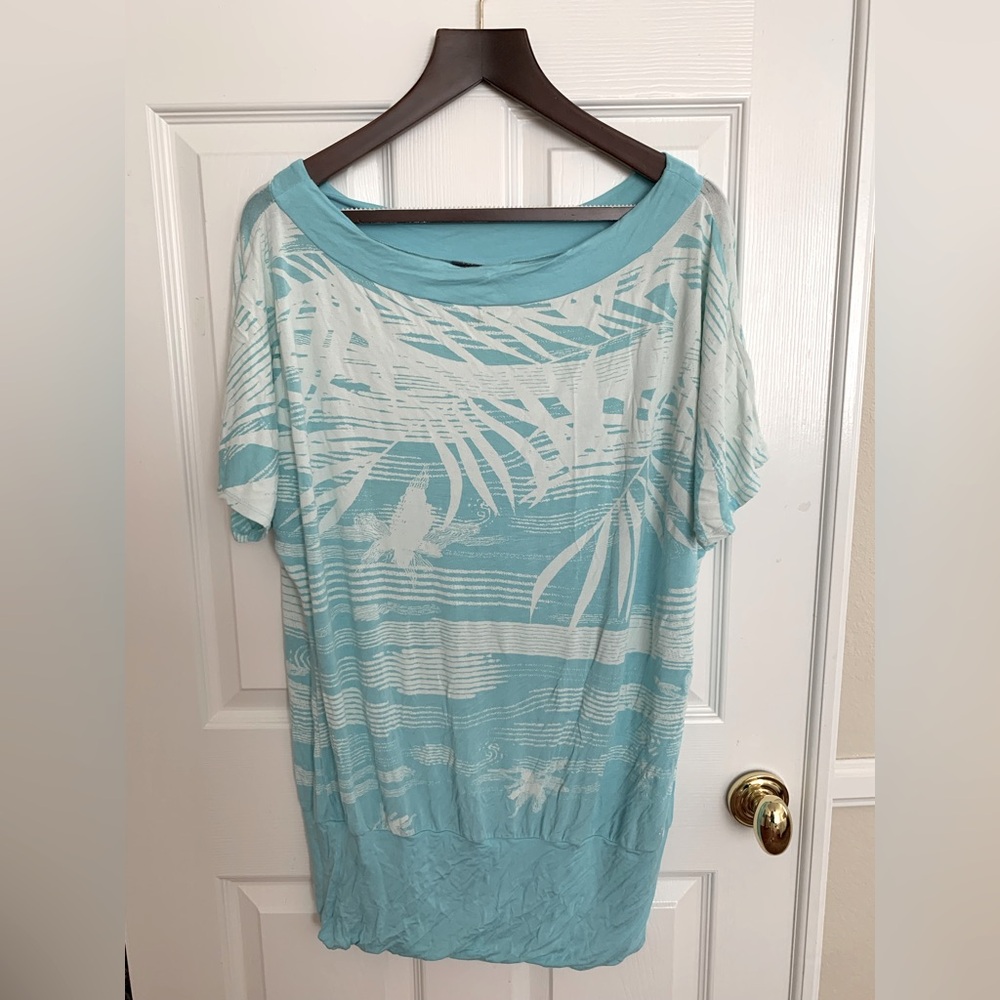 PTA Coverup Tunic: Blue w/White Print, Boatneck, Viscose/Elastane Blend, Large